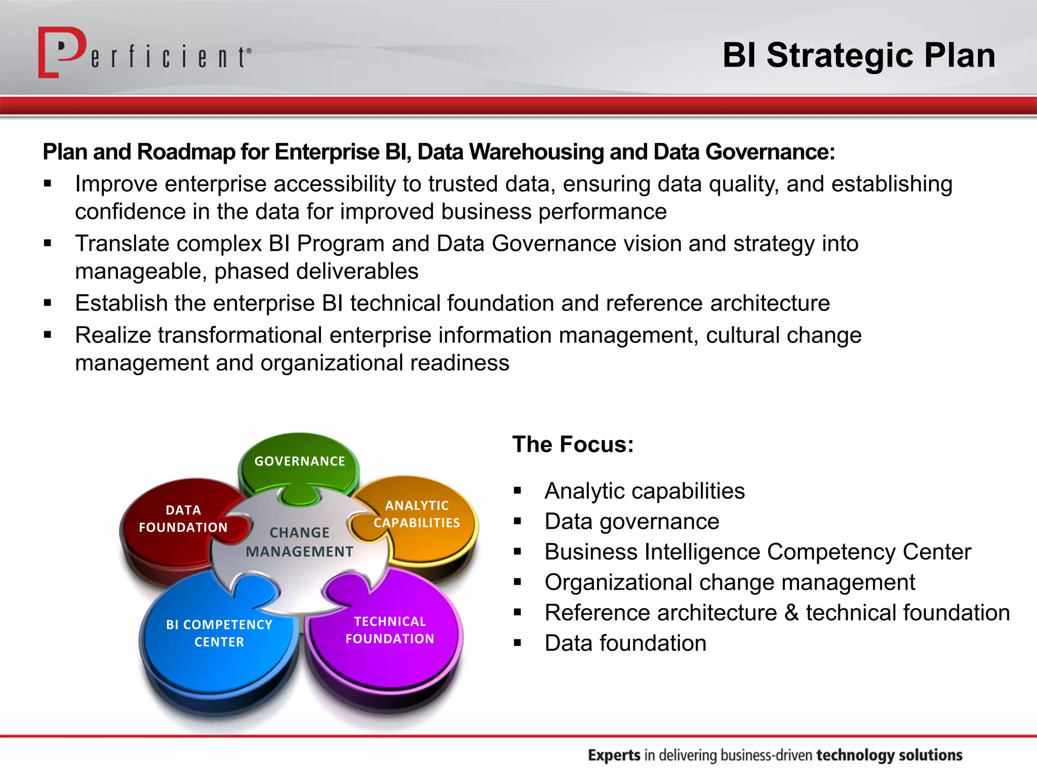 The Focus:
 Analytic capabilities
 Data governance
 Business Intelligence Competency Center
 Organizational change management
 Reference architecture & technical foundation
 Data foundation
Plan and Roadmap for Enterprise BI, Data Warehousing and Data Governance:
 Improve enterprise accessibility to trusted data, ensuring data quality, and establishing
confidence in the data for improved business performance
 Translate complex BI Program and Data Governance vision and strategy into
manageable, phased deliverables
 Establish the enterprise BI technical foundation and reference architecture
 Realize transformational enterprise information management, cultural change
management and organizational readiness
GOVERNANCE
CHANGE
MANAGEMENT
BI COMPETENCY
CENTER
TECHNICAL
FOUNDATION
DATA
FOUNDATION
ANALYTIC
CAPABILITIES
BI Strategic Plan
 