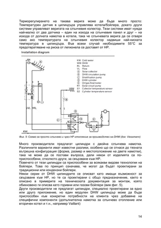 14
Терморегулирането на такава верига може да бъде много просто:
Температурен датчик в цилиндъра управлява котела/бойлера, докато други
системи управляват веригата на слънчевия колектор. Тези системи имат нужда
най-малко от два датчика – един на изхода на слънчевия панел и друг – на
изхода от долната намотка в котела, така че слънчевата верига да се отваря
само ако температурата на слънчевия колектор надвиши най-ниската
температура в цилиндъра. Във всеки случай необходимите 55°C за
предотвратяване на риска от легионела се доставят от HP.
Фиг. 5: Схема на просто слънчево и чрез HP отопление за производство на DHW (док: Viessmann)
Много производители предлагат цилиндри с двойна слънчева намотка.
Различните варианти имат известни разлики, особено що се отнася до тяхната
вътрешна конфигурация (форма, размер и местоположение на двете намотки),
така че може да се постави въпроса, дали някои от изделията са по-
приспособени, отколкото други, за свързване към HP.
Повечето от тези цилиндри са приспособени за всякакви видове технологии на
бойлери. Това по принцип означава, че могат да бъдат проектирани за
традиционни или кондензни бойлери.
Някои серии от DHW цилиндрите се описват като имащи възможност за
свързване към HP, но те са проектирани с общо предназначение, както е
описано в примерите на техническата документация за монтаж, която
обикновено ги описва като горивни или газови бойлери (виж фиг. 5).
Други производители не предлагат цилиндри, специално проектирани за едно
или друго приложение, но един модулен DHW цилиндър може да бъде
приспособен към конкретни потребности на клиента чрез добавяне на
специфични компоненти (допълнителна намотка за слънчево отопление или
вторичен котел и т.н., например Vaillant)
 
