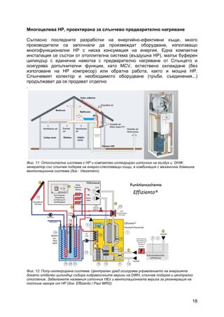 18
Многоцелева HP, проектирана за слънчево предварително нагряване
Съгласно последните разработки на енергийно-ефективни къщи, много
производители са започнали да произвеждат оборудване, използващо
многофункционални HP с ниска консумация на енергия. Една компактна
инсталация се състои от отоплителна система (въздушна HP), малък буферен
цилиндър с единична намотка с предварително нагряване от Слънцето и
осигурява допълнителни функции, като MCV, естествено охлаждане (без
използване на HP компресор) или обратна работа, както и мощна HP.
Слънчевият колектор и необходимото оборудване (тръби, съединения...)
продължават да се продават отделно
.
Фиг. 11: Отоплителна система с НР и компактен интегриран източник на въздух и DHW
генератор със слънчев подгрев на енерго-спестяващи къщи, в комбинация с механична домашна
вентилационна система (док : Viessmann)
Фиг. 12: Полу-интегрирана система: Централен уред осигурява управлението на енергията
докато отделен цилиндър събира хидравличните вериги на DWH, слънчев подгрев и централно
отопление. Забележете наземния източник HEx и вентилационната верига за регенерация на
топлина нагоре от HP (док: Effiziento / Paul WRG)
 