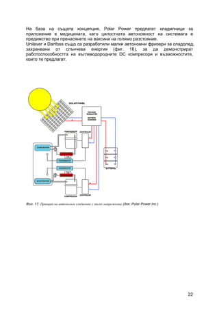22
На база на същата концепция, Polar Power предлагат хладилници за
приложение в медицината, като цялостната автономност на системата е
предимство при пренасянето на ваксини на голямо разстояние.
Unilever и Danfoss също са разработили малки автономни фризери за сладолед,
захранвани от слънчева енергия (фиг. 16), за да демонстрират
работоспособността на въглеводородните DC компресори и възможностите,
които те предлагат.
Фиг. 17: Принцип на автономен хладилник с ниско напрежение (док: Polar Power Inc.)
 