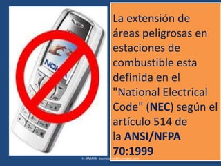 La extensión de
                 áreas peligrosas en
                 estaciones de
                 combustible esta
                 definida en el
                 "National Electrical
                 Code" (NEC) según el
                 artículo 514 de
                 la ANSI/NFPA
                 70:1999
H. AMAYA tecnicohse@coinogas.com
 