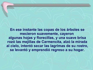 En ese instante las copas de los árboles se mecieron suavemente, cayeron  algunas hojas y florecillas, y una suave brisa rozó las mejillas de Carmencita, alzó la mirada al cielo, intentó secar las lagrimas de su rostro, se levantó y emprendió regreso a su hogar. 