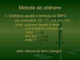 Metode de obţinere 1. Distilarea uscată a lemnului la 500 o C: gaz combustibil: CH 4 , CO, H 2 S, CO 2 , H 2 O lichid: gudroane bogate în fenoli acid pirolignos (amestec de: metanol: acid acetic:  acetonă: solid: cărbune de lemn (mangal) 