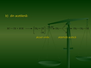 b)  din acetilenă: alcool vinilic  aldehidă acetică 