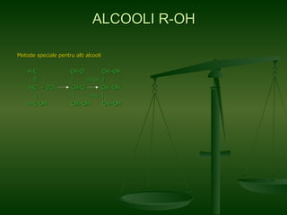 Metode speciale pentru alti alcooli H 2 C  CH-Cl  CH 2 -OH ||  |  +2HOH   | HC  + 2Cl 2   CH-Cl  CH 2 -OH |  |  -2HCl   | H 2 C-OH  CH 2 -OH  CH 2 -OH ALCOOLI R-OH 