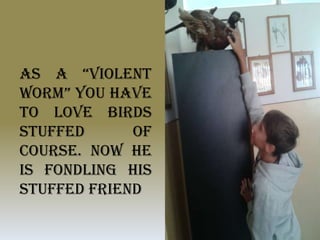 As a “Violent
worm” you have
to love birds
stuffed of
course. Now he
is fondling his
stuffed friend
 