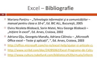 Excel – Bibliografie
23

        Mariana Panţiru – „Tehnologia informaţiei şi a comunicăţiilor –
         manual pentru clasa a 10-a”, Ed. BIC ALL, Bucureşti, 2005
        Elvira Nicoleta Bîzdoacă, Sorin Matei, Nicu George Bîzdoacă –
         „Iniţiere în excel”, Ed. Arves, Craiova, 2002
        Adriana Gîju, Georgeta Manafu, Adriana Călinoiu – „Microsoft
         Office excel – Teste şi aplicaţii”, ”, Ed. Arves, Craiova, 2003
        http://office.microsoft.com/ro-ro/excel-help/ajutor-si-articole-cum-
        http://www.scribd.com/doc/24285062/Excel-Programe-de-Calcul-Ta
        http://www.cultura.tubefun4.com/biblioteca%20virtuala/informatic
 