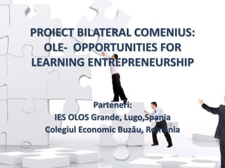 PROIECT BILATERAL COMENIUS:
OLE- OPPORTUNITIES FOR
LEARNING ENTREPRENEURSHIP
Parteneri:
IES OLOS Grande, Lugo,Spania
Colegiul Economic Buzău, România
 