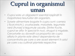 Cuprul in organismulCuprul in organismul
umanuman
? Cuprul este un oligoelemt esential rasp?ndit ?n
majoritatea tesuturilor din organism.
? Sursele alimentare bogate ?n cupru sunt: carnea
( ficat,rinichi ), crustaceele, molustele, legumele
verzi (frunze) si legumule uscate. Dintre fructe,
cuprul se afla- ?n special-?n nuci, struguri si migdale.
Cercetarile au dovedit ca proportia de cupru
aflata ?n plante este direct dependenta de
concentratia pe care o are acest element ?n solul
pe care s-au cultivat plantele respective
 