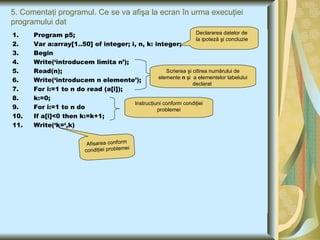 5. Comentaţi programul. Ce se va afişa la ecran în urma execuţiei programului dat Program p5; Var a:array[1..50] of integer; i, n, k: integer;  Begin Write(‘introducem limita n’); Read(n); Write(‘introducem n elemente’); For i:=1 to n do read (a[i]); k:=0; For i:=1 to n do If a[i]<0 then k:=k+1; Write(‘k=‘,k) Declararea datelor de la ipoteză şi concluzie Scrierea  şi citirea numărului de elemente  n  şi  a elementelor tabelului declarat  Instrucţiuni conform condiţiei problemei Afisarea conform condiţiei problemei 