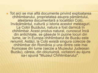    Tot aici se mai află documente privind exploatarea
      chihlimbarului, proprietatea asupra pământului,
          atestarea documentară a localității Colți,
    învățământul, cultură și istoria acestor meleaguri.
         La Colții Buzăului, natura a fost darnică în
      chihlimbar. Acest produs natural, cunoscut încă
       din antichitate, se găsește în puține locuri din
      lume, iar în Europa chihlimbarul de Buzău este
    renumit. Astăzi, la Colți există singura colecție de
       chihlimbar din România și una dintre cele mai
     frumoase din lume (secție a Muzeului Județean
     Buzău), căreia, din obișnuință, vizitatorii au ajuns
            sa-i spună "Muzeul Chihlimbarului".
 