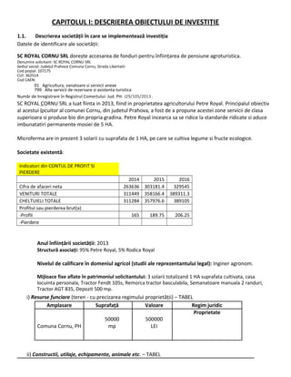 CAPITOLUL I: DESCRIEREA OBIECTULUI DE INVESTIȚIE
1.1. Descrierea societății în care se implementează investiția
Datele de identificare ale societății:
SC ROYAL CORNU SRL dorește accesarea de fonduri pentru înființarea de pensiune agroturistica.
Denumire solicitant: SC ROYAL CORNU SRL
Sediul social: Județul Prahova Comuna Cornu, Strada Libertatii
Cod poştal: 107175
CUI: 362514
Cod CAEN:
01 Agricultura, vanatoare si servicii anexe
799 Alte servicii de rezervare si asistenta turistica
Număr de înregistrare în Registrul Comerțului: Jud. PH: J29/105/2013 .
SC ROYAL CORNU SRL a luat fiinta in 2013, fiind in proprietatea agricultorului Petre Royal. Principalul obiectiv
al acestui locuitor al comunei Cornu, din judetul Prahova, a fost de a propune acestei zone servicii de clasa
superioara si produse bio din propria gradina. Petre Royal incearca sa se ridice la standarde ridicate si aduce
imbunatatiri permanente mosiei de 5 HA.
Microferma are in prezent 3 solarii cu suprafata de 1 HA, pe care se cultiva legume si fructe ecologice.
Societate existentă:
Indicatori din CONTUL DE PROFIT SI
PIERDERE
2014 2015 2016
Cifra de afaceri neta 263636 303181.4 329545
VENITURI TOTALE 311449 358166.4 389311.3
CHELTUIELI TOTALE 311284 357976.6 389105
Profitul sau pierderea brut(a)
-Profit 165 189.75 206.25
-Pierdere
Anul înființării societății: 2013
Structură asociați: 95% Petre Royal, 5% Rodica Royal
Nivelul de calificare în domeniul agricol (studii ale reprezentantului legal): Inginer agronom.
Mijloace fixe aflate în patrimoniul solicitantului: 3 solarii totalizand 1 HA suprafata cultivata, casa
locuinta personala, Tractor Fendt 105s, Remorca tractor basculabila, Semanatoare manuala 2 randuri,
Tractor AGT 835, Depozit 500 mp.
i) Resurse funciare (teren - cu precizarea regimului proprietății) – TABEL
Amplasare Suprafață Valoare Regim juridic
Proprietate
Comuna Cornu, PH
50000
mp
500000
LEI
ii) Constructii, utilaje, echipamente, animale etc. – TABEL
 