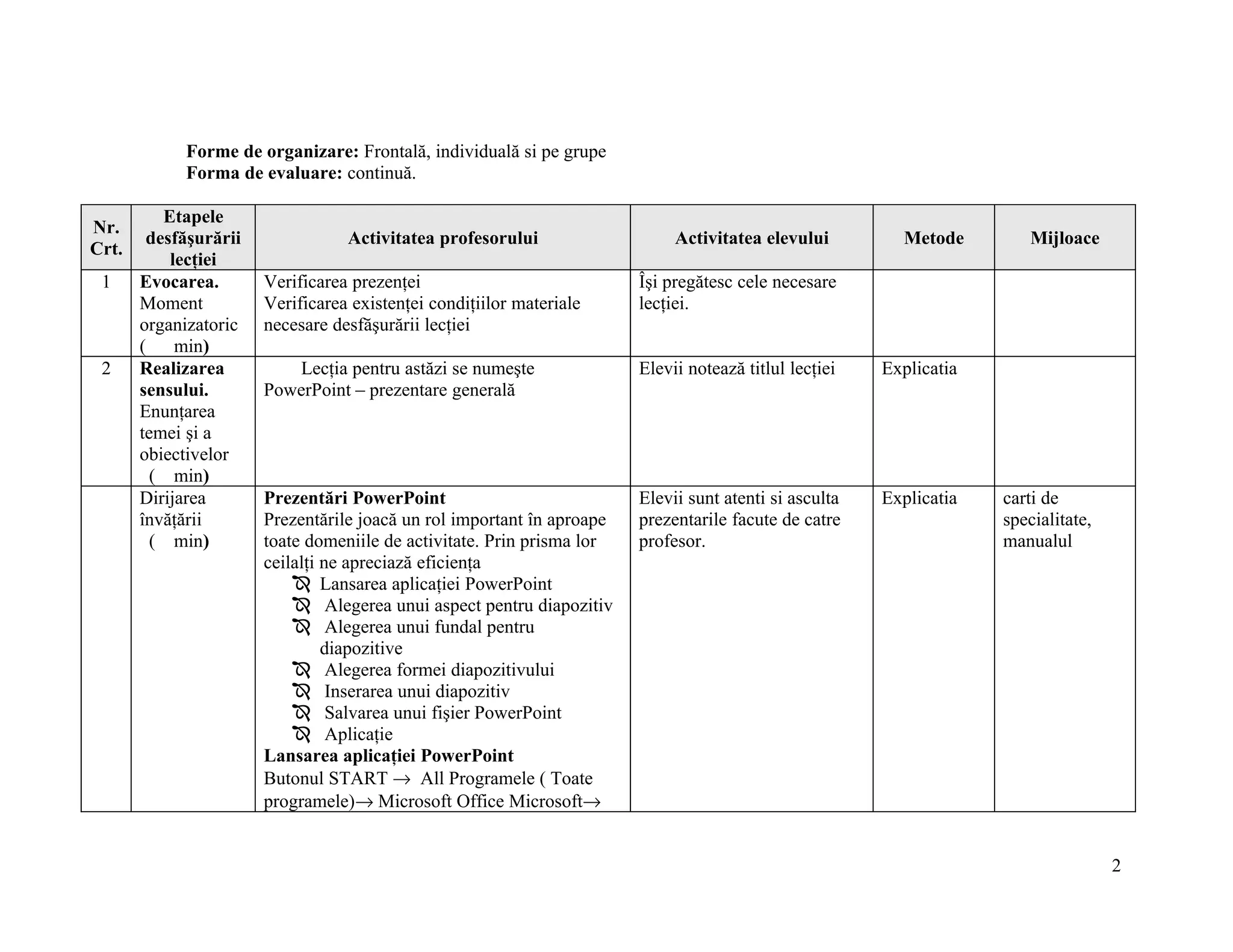 Forme de organizare: Frontală, individuală si pe grupe
            Forma de evaluare: continuă.

          Etapele
Nr.
        desfăşurării              Activitatea profesorului                   Activitatea elevului         Metode         Mijloace
Crt.
           lecţiei
 1     Evocarea.       Verificarea prezenţei                            Îşi pregătesc cele necesare
       Moment          Verificarea existenţei condiţiilor materiale     lecţiei.
       organizatoric   necesare desfăşurării lecţiei
       (    min)
 2     Realizarea         Lecţia pentru astăzi se numeşte               Elevii notează titlul lecţiei   Explicatia
       sensului.       PowerPoint – prezentare generală
       Enunţarea
       temei şi a
       obiectivelor
         ( min)
       Dirijarea       Prezentări PowerPoint                            Elevii sunt atenti si asculta   Explicatia   carti de
       învăţării       Prezentările joacă un rol important în aproape   prezentarile facute de catre                 specialitate,
         ( min)        toate domeniile de activitate. Prin prisma lor   profesor.                                    manualul
                       ceilalţi ne apreciază eficienţa
                            Lansarea aplicaţiei PowerPoint
                            Alegerea unui aspect pentru diapozitiv
                            Alegerea unui fundal pentru
                                diapozitive
                            Alegerea formei diapozitivului
                            Inserarea unui diapozitiv
                            Salvarea unui fişier PowerPoint
                            Aplicaţie
                       Lansarea aplicaţiei PowerPoint
                       Butonul START → All Programele ( Toate
                       programele)→ Microsoft Office Microsoft→


                                                                                                                                     2
 