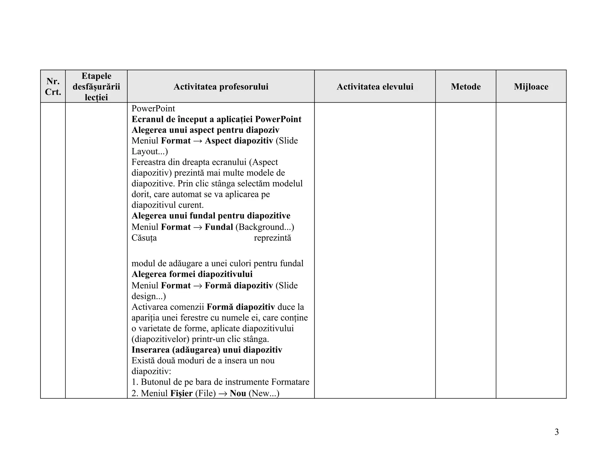Etapele
Nr.
       desfăşurării              Activitatea profesorului                 Activitatea elevului   Metode   Mijloace
Crt.
          lecţiei
                      PowerPoint
                      Ecranul de început a aplicaţiei PowerPoint
                      Alegerea unui aspect pentru diapoziv
                      Meniul Format → Aspect diapozitiv (Slide
                      Layout...)
                      Fereastra din dreapta ecranului (Aspect
                      diapozitiv) prezintă mai multe modele de
                      diapozitive. Prin clic stânga selectăm modelul
                      dorit, care automat se va aplicarea pe
                      diapozitivul curent.
                      Alegerea unui fundal pentru diapozitive
                      Meniul Format → Fundal (Background...)
                      Căsuţa                             reprezintă

                      modul de adăugare a unei culori pentru fundal
                      Alegerea formei diapozitivului
                      Meniul Format → Formă diapozitiv (Slide
                      design...)
                      Activarea comenzii Formă diapozitiv duce la
                      apariţia unei ferestre cu numele ei, care conţine
                      o varietate de forme, aplicate diapozitivului
                      (diapozitivelor) printr-un clic stânga.
                      Inserarea (adăugarea) unui diapozitiv
                      Există două moduri de a insera un nou
                      diapozitiv:
                      1. Butonul de pe bara de instrumente Formatare
                      2. Meniul Fişier (File) → Nou (New...)



                                                                                                                     3
 