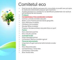 Comitetul eco
•
•
•
•
•
•
•
•
•
•
•
•
•
•
•
•
•
•
•
•
•
•
•

Este format din diferite persoane din comunitate şi şcoală care pot ajuta
la realizarea obiectivelor propuse spre rezolvare.
Aceste persoane au contribuit si la identificare problemelor de rezolvat
prin proiectul de anul acesta.
Profesori:
Constantinescu Irina-coordonator si director
Catrina Luminita-consilier educativ
Balan Laura Florena-prof.de istorie geografie
Savu Marioara-invatator
Chiritescu Ion-invatator
Nicolae Mihai-invatator
Popescu Nicolae-profesor educatie fizica si sport
Parinti:
Savu Georiana-parinte
Dinu Claudiu-parinte
Autoritati locale:
Popa Georgeta-primar
Comanescu Marius-consilier agricol
Personal administrativ:
Ungureanu Eugen-personal administratie scoala
Elevi:
Nica Alexandra-elev
Constantinescu Tania-elev
Comanescu Oana-elev
Bran Andrei-elev

 