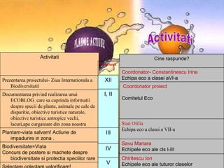 Plan de actiune Activitati Activitati Prezentarea proiectului- Ziua Internationala a Biodiversitatii Documentarea privind realizarea unui ECOBLOG  care sa cuprinda informatii despre specii de plante, animale pe cale de disparitie, obiective turistice naturale, obiective turistice antropice vechi, lacuri,ape curgatoare din zona noastra Plantam-viata salvam! Actiune de impadurire in zona . Biodiversitate=Viata Concurs de postere si machete despre biodiversitate si protectia speciilor rare Selectam,colectam,valorificam! Sa dam o sansa naturii! Data/luna XII I, II III IV V Cine raspunde? Coordonator- Constantinescu Irina Echipa eco a clasei aVI-a Coordonator proiect Comitetul Eco Stan Otilia Echipa eco a clasei a VII-a Savu Mariara Echipele eco ale cls I-III Chiritescu Ion Echipele eco ale tuturor claselor 