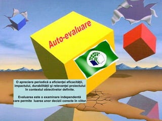 Auto-evaluare O apreciere periodică a eficienţei eficacităţii,  impactului, durabilităţii şi relevanţei proiectului în contextul obiectivelor definite.  Evaluarea este o examinare independentă  care permite  luarea unor decizii corecte în viitor . 