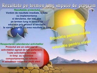 Rezultate pe termen lung impuse de program Educatia pentru mediu = educatie pentru viata! Rezultatele proiectului Vorbim de rezultate imediate, o data  cu implementarea  si derularea, dar mai ales  pe termen lung in sensul ca  educatia prin proiect si educatia  la varste fragede va avea rezultate in timp Respectarea calendarului activitatilor Proiectul are un calendar al  activităţilor agreat de toţi partenerii; Toate activitatile derulate  in timp  au schimbat  comportamente, se reflecta  in atitudinea celor mai multi elevi . 