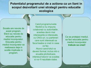 Potentialul programului de a actiona ca un liant in scopul dezvoltarii unei strategii pentru educatie ecologica Scoala are nevoie de acest program. Elevii au nevoie de educatie pentru mediul inconjurator. Educatia pentru mediul inconjurator se realizeaza deja in scolile implicate in program. Ca sa protejezi mediul, sa faci educatie pentru mediul inconjurator  trebuie sa crezi! 