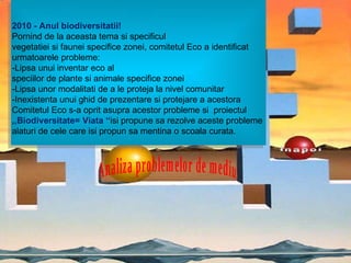 Înapoi Analiza problemelor de mediu 2010 - Anul biodiversitatii! Pornind de la aceasta tema si specificul  vegetatiei si faunei specifice zonei, comitetul Eco a identificat  urmatoarele probleme: -Lipsa unui inventar eco al  speciilor de plante si animale specifice zonei -Lipsa unor modalitati de a le proteja la nivel comunitar -Inexistenta unui ghid de prezentare si protejare a acestora Comitetul Eco s-a oprit asupra acestor probleme si  proiectul  ,,Biodiversitate= Viata  “ isi propune sa rezolve aceste probleme  alaturi de cele care isi propun sa mentina o scoala curata. 