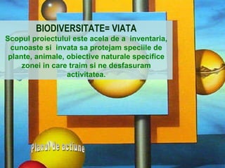 BIODIVERSITATE= VIATA Scopul proiectului este acela de a  inventaria, cunoaste si  invata sa protejam speciile de plante, animale, obiective naturale specifice zonei in care traim si ne desfasuram activitatea. Planul de actiune 