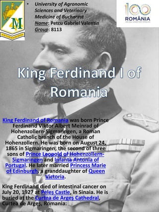• University of Agronomic
Sciences and Veterinary
Medicine of Bucharest
Name: Petcu Gabriel Valentin
Group: 8113
King Ferdinand of Romania was born Prince
Ferdinand Viktor Albert Meinrad of
Hohenzollern-Sigmaringen, a Roman
Catholic branch of the House of
Hohenzollern. He was born on August 24,
1865 in Sigmaringen, the second of three
sons of Prince Leopold of Hohenzollern-
Sigmaringen and Infanta Antonia of
Portugal. He later married Princess Marie
of Edinburgh, a granddaughter of Queen
Victoria.
King Ferdinand died of intestinal cancer on
July 20, 1927 at Peleș Castle, in Sinaia. He is
buried at the Curtea de Argeş Cathedral,
Curtea de Argeş, Romania.
 