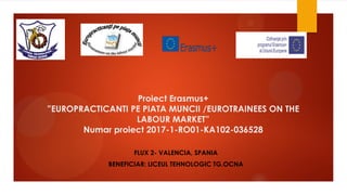 Proiect Erasmus+
”EUROPRACTICANTI PE PIATA MUNCII /EUROTRAINEES ON THE
LABOUR MARKET”
Numar proiect 2017-1-RO01-KA102-036528
FLUX 2- VALENCIA, SPANIA
BENEFICIAR: LICEUL TEHNOLOGIC TG.OCNA
 