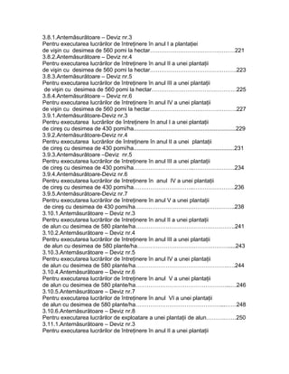 3.8.1.Antemăsurătoare – Deviz nr.3
Pentru executarea lucrărilor de întreţinere în anul I a plantaţiei
de vişin cu desimea de 560 pomi la hectar………………………………………221
3.8.2.Antemăsurătoare – Deviz nr.4
Pentru executarea lucrărilor de întreţinere în anul II a unei plantaţii
de vişin cu desimea de 560 pomi la hectar……………………………………….223
3.8.3.Antemăsurătoare – Deviz nr.5
Pentru executarea lucrărilor de întreţinere în anul III a unei plantaţii
 de vişin cu desimea de 560 pomi la hectar………………………………………225
3.8.4.Antemăsurătoare – Deviz nr.6
Pentru executarea lucrărilor de întreţinere în anul IV a unei plantaţii
de vişin cu desimea de 560 pomi la hectar……………………………………….227
3.9.1.Antemăsurătoare-Deviz nr.3
Pentru executarea lucrărilor de întreţinere în anul I a unei plantaţii
de cireş cu desimea de 430 pomi/ha.................................................................229
3.9.2.Antemăsurătoare-Deviz nr.4
Pentru executarea lucrărilor de întreţinere în anul II a unei plantaţii
de cireş cu desimea de 430 pomi/ha................................................................231
3.9.3.Antemăsurătoare –Deviz nr.5
Pentru executarea lucrărilor de întreţinere în anul III a unei plantaţii
de cireş cu desimea de 430 pomi/ha…………………………..………………….234
3.9.4.Antemăsurătoare-Deviz nr.6
Pentru executarea lucrărilor de întreţinere în anul IV a unei plantaţii
de cireş cu desimea de 430 pomi/ha…………………………..………………….236
3.9.5.Antemăsurătoare-Deviz nr.7
Pentru executarea lucrărilor de întreţinere în anul V a unei plantaţii
 de cireş cu desimea de 430 pomi/ha……………………………………………..238
3.10.1.Antemăsurătoare – Deviz nr.3
Pentru executarea lucrărilor de întreţinere în anul II a unei plantaţii
de alun cu desimea de 580 plante/ha……………………………………………..241
3.10.2.Antemăsurătoare – Deviz nr.4
Pentru executarea lucrărilor de întreţinere în anul III a unei plantaţii
 de alun cu desimea de 580 plante/ha………………………………………….....243
3.10.3.Antemăsurătoare – Deviz nr.5
Pentru executarea lucrărilor de întreţinere în anul IV a unei plantaţii
de alun cu desimea de 580 plante/ha………………………………………….….244
3.10.4.Antemăsurătoare – Deviz nr.6
Pentru executarea lucrărilor de întreţinere în anul V a unei plantaţii
de alun cu desimea de 580 plante/ha…………………………………………...…246
3.10.5.Antemăsurătoare – Deviz nr.7
Pentru executarea lucrărilor de întreţinere în anul VI a unei plantaţii
de alun cu desimea de 580 plante/ha………………………………………...……248
3.10.6.Antemăsurătoare – Deviz nr.8
Pentru executarea lucrărilor de exploatare a unei plantaţii de alun……….……250
3.11.1.Antemăsurătoare – Deviz nr.3
Pentru executarea lucrărilor de întreţinere în anul II a unei plantaţii
 