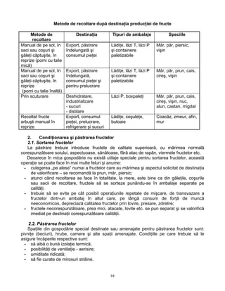 Metode de recoltare după destinaţia producţiei de fructe

     Metode de                 Destinaţia         Tipuri de ambalaje             Speciile
       recoltare
Manual de pe sol, în      Export, păstrare        Lădiţe, lăzi T, lăzi P   Măr, păr, piersic,
saci sau coşuri şi        îndelungată şi          şi containere            vişin
găleţi căptuşite, în      consumul pieţei         paletizabile
reprize (pomi cu talie
mică)
Manual de pe sol, în      Export, păstrare        Lădiţe, lăzi T, lăzi P   Măr, păr, prun, cais,
saci sau coşuri şi        îndelungată,            şi containere            cireş, vişin
găleţi căptuşite, în      consumul pieţei şi      paletizabile
reprize                   pentru prelucrare
 (pomi cu talie înaltă)
Prin scuturare            Deshidratare,           Lăzi P, boxpaleţi        Măr, păr, prun, cais,
                          industrializare                                  cireş, vişin, nuc,
                          - sucuri                                         alun, castan, migdal
                          - distilare
Recoltat fructe           Export, consumul        Lădiţe, coşuleţe,        Coacăz, zmeur, afin,
arbuşti manual în         pieţei, prelucrare,     butoaie                  mur
reprize                   refrigerare şi sucuri

   2.     Condiţionarea şi păstrarea fructelor
   2.1. Sortarea fructelor
   La păstrare trebuie introduse fructele de calitate superioară, cu mărimea normală
corespunzătoare soiului, aspectuoase, sănătoase, fără atac de rapăn, viermele fructelor etc.
   Deoarece în mica gospodărie nu există utilaje speciale pentru sortarea fructelor, această
operaţie se poate face în mai multe feluri şi anume:
 - culegerea „pe alese” numai a fructelor care au mărimea şi aspectul solicitat de destinaţia
     de valorificare – se recomandă la prun, măr, piersic;
 - atunci când recoltarea se face în totalitate, la mere, este bine ca din găleţile, coşurile
     sau sacii de recoltare, fructele să se sorteze punându-se în ambalaje separate pe
     calităţi;
 - trebuie să se evite pe cât posibil operaţiunile repetate de mişcare, de transvazare a
     fructelor dintr-un ambalaj în altul care, pe lângă consum de forţă de muncă
     neeconomicos, depreciază calitatea fructelor prin lovire, presare, zdrelire;
 - fructele necorespunzătoare, prea mici, atacate, lovite etc. se pun separat şi se valorifică
     imediat pe destinaţii corespunzătoare calităţii.

    2.2. Păstrarea fructelor
   Spaţiile din gospodărie special destinate sau amenajate pentru păstrarea fructelor sunt:
pivniţe (beciuri), hrube, camere şi alte spaţii amenajate. Condiţiile pe care trebuie să le
asigure încăperile respective sunt:
  - să aibă o bună izolaţie termică;
  - posibilităţi de ventilaţie - aerisire;
  - umiditate ridicată;
  - să fie curate de mirosuri străine.


                                                  84
 