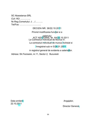 SC Abasstanza SRL
CUI: RO …………..
Nr.Reg.Comertului: J …/……….
Tel/Fax: ………………………..
DECIZIA NR. 36/22.10.2011
Privind modificarea funcţiei si a
salariului
ACT ADIŢIONAL Nr. 64/22.10.2011
La Contractul Individual de Munca nr.
La contractul individual de munca încheiat si
înregistrat sub nr 5/24.01.2011
in registrul general de evidenta a salariaţilor.
Adresa: Str.Fecioarei, nr.11, Sector 2, Bucuresti
Data emiterii:
22.10.2011
Angajator,
Director General,
99
 