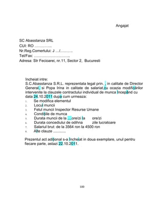 Angajat
SC Abasstanza SRL
CUI: RO …………..
Nr.Reg.Comertului: J …/……….
Tel/Fax: ………………………..
Adresa: Str Fecioarei, nr.11, Sector 2, Bucuresti
încheiat intre:
S.C.Abasstanza S.R.L. reprezentata legal prin. , in calitate de Director
General, si Popa Irina in calitate de salariat,cu ocazia modificărilor
intervenite la clauzele contractului individual de munca începând cu
data 24.10.2011 dupa cum urmeaza:
1. Se modifica elementul
2. Locul muncii
3. Felul muncii Inspector Resurse Umane
4. Condiţiile de munca
5. Durata muncii de la ....ore/zi Ia ore/zi
6. Durata concediului de odihna zile lucratoare
7. Salariul brut: de la 3564 ron la 4500 ron
8. Alte clauze ............
Prezentul act adiţional s-a încheiat in doua exemplare, unul pentru
fiecare parte, astazi 22.10.2011.
100
 