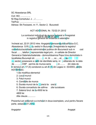 SC Abasstanza SRL
CUI: RO …………..
Nr.Reg.Comertului: J …/……….
Tel/Fax: ………………………..
Adresa: Str.Fecioarei, nr.11, Sector 2, Bucuresti
ACT ADIŢIONAL Nr. 72/22.01.2012
La contractul individual de munca încheiat si înregistrat
sub nr. 05/24.01.2011
in registrul general de evidenta a salariaţilor
încheiat azi, 22.01.2012 intre: Angajator-persoanajuridical/fizica S.C.
Abasstanza S.R.L., cu sediul in Bucureşti, înregistrata la registrul
comertului/autoritatile administraţiei publice din Bucurescti sub nr cod
fiscal ….. , telefon , reprezentata legal prin…in calitate de Director
General,si Salariatul/salariata - domnul/doamna Popa Irina domiciliata in
localitatea Bucureşti str. ………… nr, bl. ..., sc..., et. ..., ap.
..., sector, posesoare a cartii de identitate seria, nr , eliberata de la data
de …….. , CNP permis de munca seria , nr……. din data de
In temeiul art. 17 (4) coroborat cu art.4l (1) din Legea nr. 53/2003, părţile
HOTĂRĂSC:
1.Se modifica elementul
2. Locul muncii
3. Felul muncii
4. Condiţiile de munca
5. Durata muncii de la ....ore/zi la ore/zi
6. Durata concediului de odihna zile lucratoare
7. Salariul brut: de Ia.4500 lei la
4800 lei
Alte clauze.............
Prezentul act adiţional s-a incheiat in doua exemplare, unul pentru fiecare
parte, astazi22.01.2012.
Angajator Angajat
105
 