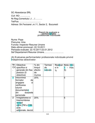 SC Abasstanza SRL
CUI: RO …………..
Nr.Reg.Comertului: J …/……….
Tel/Fax: ………………………..
Adresa: Str.Fecioarei ,nr.11, Sector 2, Bucuresti
Raport de evaluare a
performantelor
profesionale individuale
Nume: Popa
Prenume: Irina
Functia: Inspector Resurse Umane
Data ultimei promovari: 22.10.2011
Perioada evaluate: 22.10.2011-22.01.2012
Sef Departament Resurse Umane………………………
(A) Evaluarea performantelor profesionale individuale privind
îndeplinirea obiectivelor:
Nr.
Crt
.
Obiective
specifice si
generale din fisa
postului (5
obiective)
% din
timpul
efectiv
de
munca
Termen
de
raiizare
Realizar
e in
%
Nota (min.
1 - max.
5)
1 întocmirea
formelor de
angajare si
verificarea
tuturor
documentelor
din dosarele
personale
2 înregistrarea si
treansmiterea
revisal
către ITM a CIM,
acte
adiţionale, decizii
20% 5
20% 5
112
 