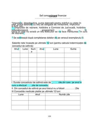 Sef compartiment financiarcontabil
………………………………………..
*Imputaţie, despăgubire, suma datorată pentru mărfuri cu plata în
rate, suma datorată cu titlu de obligaţie de întreţinere, împrumut
C.A.R. etc.
** Dispoziţie de reţinere, hotărâre a Comisiei de Jud ecată, hotărâre
judecătorească, angajament etc. In
cazul în care nu există un titlu executor se va face menţiunea "în curs
de obţinere".
* Se semnează după completarea datelor de pe versoul exemplarului II.
Salariile nete încasate pe ultimele 12 luni (pentru calculul indemnizaţiei de
concediul de odihnă):
Anul Luna Sum
a
Anul Luna Suma
I. Durata concediului de odihnă este de _........ zile,din care pe anul in
curs a efectuat ……zile de concediu.
II. Din concediul de odihnă pe anul trecut nu a folosit …………. Zile
III Concediile medicale platite pe ultimele 12 luni:
Luna Anul Număr zile
126
 