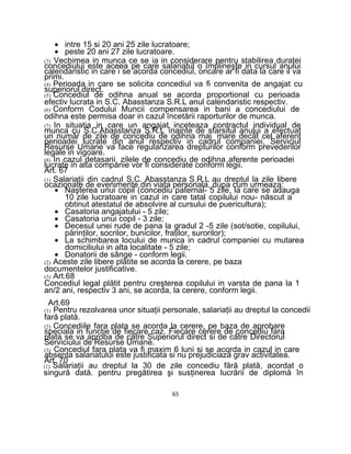 • intre 15 si 20 ani 25 zile lucratoare;
• peste 20 ani 27 zile lucratoare.
(3) Vechimea in munca ce se ia in considerare pentru stabilirea duratei
concediului este aceea pe care salariatul o împlineşte in cursul anului
calendaristic in care i se acorda concediul, oricare ar fi data la care il va
primi.
(4) Perioada in care se solicita concediul va fi convenita de angajat cu
superiorul direct.
(5) Concediul de odihna anual se acorda proportional cu perioada
efectiv lucrata in S.C. Abasstanza S.R.L anul calendaristic respectiv.
(6) Conform Codului Muncii compensarea in bani a concediului de
odihna este permisa doar in cazul încetării raporturilor de munca.
(7) In situatia in care un angajat inceteaza contractul individual de
munca cu S.C.Abasstanza S.R.L înainte de sfarsitul anului a efectuat
un număr de zile de concediu de odihna mai mare decât cel aferent
perioadei lucrate din anul respectiv in cadrul companiei, Serviciul
Resurse Umane va face regularizarea drepturilor conform prevederilor
legale in vigoare.
(8) In cazul detasarii, zilele de concediu de odihna aferente perioadei
lucrate in alta companie vor fi considerate conform legii.
Art. 67
(1) Salariaţii din cadrul S.C. Abasstanza S.R.L au dreptul la zile libere
ocazionate de evenimente din viata personala, dupa cum urmeaza:
• Naşterea unui copil (concediu paternal- 5 zile, la care se adauga
10 zile lucratoare in cazul in care tatal copilului nou- născut a
obtinut atestatul de absolvire al cursului de puericultura);
• Casatoria angajatului - 5 zile;
• Casatoria unui copil - 3 zile;
• Decesul unei rude de pana la gradul 2 -5 zile (sot/sotie, copilului,
părinţilor, socrilor, bunicilor, fraţilor, surorilor);
• La schimbarea locului de munca in cadrul companiei cu mutarea
domiciliului in alta localitate - 5 zile;
• Donatorii de sânge - conform legii.
(2) Aceste zile libere plătite se acorda la cerere, pe baza
documentelor justificative.
(3) Art.68
Concediul legal plătit pentru creşterea copilului in varsta de pana la 1
an/2 ani, respectiv 3 ani, se acorda, la cerere, conform legii.
Art.69
(1) Pentru rezolvarea unor situaţii personale, salariaţii au dreptul la concedii
fară plată.
(2) Concediile fara plata se acorda la cerere, pe baza de aprobare
speciala in funcţie de fiecare caz. Fiecare cerere de concediu fara
plata se va aproba de către Superiorul direct si de către Directorul
Serviciului de Resurse Umane.
(3) Concediul fara plata va fi maxim 6 luni si se acorda in cazul in care
absenta salariatului este justificata si nu prejudiciază grav activitatea.
Art. 70
(1) Salariaţii au dreptul la 30 de zile concediu fără plată, acordat o
singură dată. pentru pregătirea şi susţinerea lucrării de diplomă în
65
 