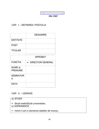 FISA POST
CAP. I. - DEFINIREA POSTULUI
DENUMIRE
ENTITATE
POST
TITULAR
APROBAT
FUNCTIA • DIRECTOR GENERAL
NUME şi
PRENUME
SEMNATUR
A
DATA
CAP. II. – CERINŢE
a) STUDII
 Studii medii/Studii universitare;
b) EXPERIENŢĂ
 minim 3 ani in domeniul relatiilor de munca;
80
 
