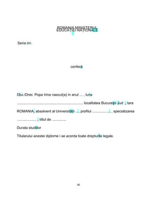 ROMANIA MINISTERUL
EDUCAŢIEI NAŢIONALE
Seria /nr.
conferă
Dlui./Dnei. Popa Irina nascut(a) in anul ... , luna
................................................................. localitatea Bucureşti Jud ., tara
ROMANIA, absolvent al Universităţii .. , profilul .................. , specializarea
................... , titlul de ..............
Durata studiilor
Titularului acestei diplome i se acorda toate drepturile legale.
96
 