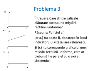 Problema 1.Întrebare: Care obiect sau obiecte îşi menţin starea de mişcare uniformă?Răspuns: Obiectele A, B, D, şi  E suntîntr-o stare de mişcare care ramâne constantă (viteza 0 sau constantă) demonstrată de graficul în formă de dreaptă; aceasta este specifică mişcării uniforme.
