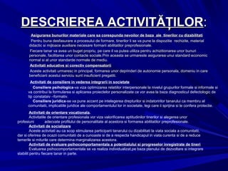 DESCRIEREA ACTIVITĂŢILORDESCRIEREA ACTIVITĂŢILOR::
Asigurarea bunurilor materiale care sa corespunda nevoilor de baza ale tinerilor cu dizabilitatiAsigurarea bunurilor materiale care sa corespunda nevoilor de baza ale tinerilor cu dizabilitati
Pentru buna desfasurare a procesului de formare, tinerilor li se va pune la dispozitie rechizite, materialPentru buna desfasurare a procesului de formare, tinerilor li se va pune la dispozitie rechizite, material
didactic si mijloace auxiliare necesare formarii abilitatilor preprofesionale.didactic si mijloace auxiliare necesare formarii abilitatilor preprofesionale.
Fiecare tanar va avea un buget propriu, pe care il va putea utiliza pentru achizitionarea unor bunuriFiecare tanar va avea un buget propriu, pe care il va putea utiliza pentru achizitionarea unor bunuri
personale, facilitarea unor contacte sociale.Prin aceasta se urmareste asigurarea unui standard economicpersonale, facilitarea unor contacte sociale.Prin aceasta se urmareste asigurarea unui standard economic
normal si al unor standarde normale de mediu.normal si al unor standarde normale de mediu.
Activitati educative si corectiv compensatoriiActivitati educative si corectiv compensatorii
Aceste activitati urmaresc in principal, formarea unor deprinderi de autonomie personala, domeniu in careAceste activitati urmaresc in principal, formarea unor deprinderi de autonomie personala, domeniu in care
beneficiarii acestui serviciu sunt insuficient pregatiti.beneficiarii acestui serviciu sunt insuficient pregatiti.
Activitati de consiliere in vederea integrarii in societate
Consiliere psihologica-va viza optimizarea relatiilor interpersonale la nivelul grupurilor formale si informale si
va contribui la formularea si aplicarea proiectelor personalizate ce vor avea la baza diagnosticul defectologic de
tip constataiv –formativ.
Consiliere juridica-se va pune accent pe intelegerea drepturilor si indatoririlor tanarului ca membru al
comunitatii, implicatiile juridice ale comportamentului lor in societate, legi care ii sprijina si le confera protectie.
Activitati de orientare vocationala.
Activitatile de orientare profesionala vor viza valorificarea aptitudinilor tinerilor si alegerea unor
profesiuni adecvate profilului de personalitate al acestora si formarea abilitatilor preprofesionale.
Activitati de socializare
Aceste activitati au ca scop stimularea participarii tanarului cu dizabilitati la viata sociala a comunitatii,
dar si oferirea de ocazii comunitatii de a cunoaste si de a respecta handicapul in viata curenta si de a reduce
temerile si miturile care determina marginalizarea acestora.
Activitati de evaluare psihocomportamentala a potentialului si progreselor inregistrate de tineri
Evaluarea psihocomportamentala se va realiza individualizat,pe baza planului de dezvoltare si integrare
stabilit pentru fiecare tanar in parte.
 