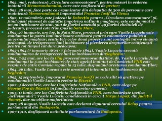    1892, mai, redactează „Circulara convocatoare”, pentru măsuri în vederea
    înaintării Memorandumului, care este confiscată de pretor;
   1892, 28 mai, face parte ca organizator din delegația de 300 de persoane care
    înaintează Memorandumul împaratului Francisc Iosif Ila Viena;
   1892, 12 noiembrie, este judecat la Debrețin pentru „Circulara convocatoare” și,
    fiind găsit vinovat de agitație împotriva națiunii maghiare, este condamnat la
    un an închisoare de stat, 500 de florini amendă și 49 florini cheltuieli de
    judecată, procesul este transpus la Satu Mare;
   1893, 27 ianuarie, are loc, la Satu Mare, procesul prin care Vasile Lucaciu este
    condamnat la patru luni închisoare ordinară pentru calomniere publică a
    guvernului maghiar; sentințele celor două procese sunt contopite într-o singură
    pedeapsă, de treisprezece luni închisoare și pierderea drepturilor cetățenești
    pentru tot timpul cât dura pedeapsa;
   1893-1894 (7 ianuarie 1893 - 7 februarie 1894), Vasile Lucaciu execută
    condamnarea de treisprezece luni la închisoarea dinSeghedin;
   1894, 7-25 mai, are loc la Cluj procesul memorandiștilor, dr. Vasile Lucaciu fiind
    condamnat la 5 ani închisoare de stat; apelul înaintat de Comitetul PNR este
    respins de către Comisia regală la 13 iulie, dispunând arestarea condamna ților;
   1894, 26 iulie, Vasile Lucaciu este arestat și întemni țat la închisoarea din
    Seghedin;
   1895, 15 septembrie, împaratul Francisc Iosif I se vede silit să grațieze pe
    condamnați; Vasile Lucaciu revine la Șișești;
   1902, 4 decembrie, are loc Conferința Națională a PNR, care alege pe
    George Pop de Băsești în funcția de secretar general;
   1905, 11 iunie, are loc Conferinta Națională a PNR, care hotărăște tactica
    „activismului”; Vasile Lucaciu candidează în cercul Târgu Lăpuș, din județul
     Someș, dar nu obține majoritatea;
   1907, 28 august, Vasile Lucaciu este declarat deputatul cercului Beiuș pentru
    parlamentul din Budapesta;
   1907-1910, desfășoară activitate parlamentară la Budapesta,
 