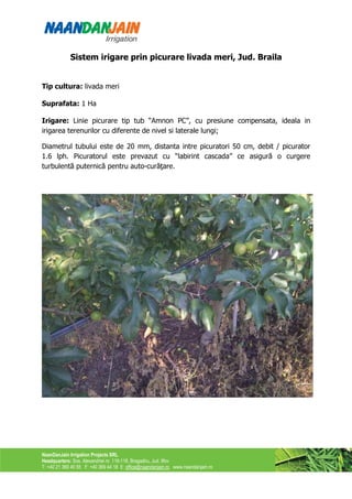 Sistem irigare prin picurare livada meri, Jud. Braila


Tip cultura: livada meri

Suprafata: 1 Ha

Irigare: Linie picurare tip tub “Amnon PC”, cu presiune compensata, ideala in
irigarea terenurilor cu diferente de nivel si laterale lungi;

Diametrul tubului este de 20 mm, distanta intre picuratori 50 cm, debit / picurator
1.6 lph. Picuratorul este prevazut cu “labirint cascada” ce asigură o curgere
turbulentă puternică pentru auto-curăţare.




NaanDanJain Irrigation Projects SRL
Headquarters: Sos. Alexandriei nr. 116-118, Bragadiru, Jud. Ilfov
T: +40 21 369 40 55 F: +40 369 44 18 E: office@naandanjain.ro www.naandanjain.ro
 