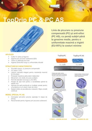 TopDrip PC & PC AS
                                                                 Linie de picurare cu presiune
                                                                 compensată (PC) şi anti-sifon
                                                                 (PC AS), cu pereţi subţiri până
                                                                 la grosime medie, pentru o
                                                                 uniformitate maximă a irigării
                                                                 (EU-95%) la costuri minime


APLICAŢII
      Culturi în câmp şi legume
      Irigarea prin picurare subterană (SDI)
      Teren cu diferenţe de nivel
      Irigarea rândurilor lungi cu uniformitate ridicată

STRUCTURĂ ŞI CARACTERISTICI
      Picurător precis, cu presiune compensată
      CV redus: 3,0%
      Labirint cascadă integrat pentru rezistenţă maximă         Profilul puţin adânc reduce
       la înfundare                                               pierderea de presiune iar admisia        Canale multiple: admisii de apă
                                                                  de apă în relief reduce înfundarea       tridimensionale şi unsprezece
      Protecţie împotriva pătrunderii rădăcinilor                                                         intrări independente

      Mecanism unic dublu de auto-curăţare
      Permite laterale mai lungi cu EU 95%
      Pasaje de apă mari pentru o durabilitate optimă la
       debite mici
      Admisie de apă prevăzută cu multiple canale pentru
       a funcţiona cu un volum mare de noroi
      Spaţiul strâns al picurătorului creează o fâşie umedă          Conceptul tip baraj previne
                                                                      pătrunderea rădăcinilor şi a
       continuă                                                                nisipului


MODEL SPECIAL PC AS:
      Conceptul anti-sifon previne aspiraţia în etapa de
       drenaj
      Recomandat pentru irigarea prin picurare subterană

                                                                                                                  Pasaje apă late, labirint
                                                                                                                  cascadă şi funcţie de
                                                                                                                  auto-curăţare
                                                                                                                  puternică




                                                               3 PĂRŢI – VEDERE DE SUS                 3 PĂRŢI – VEDERE DE JOS
 