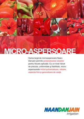 MICRO-ASPERSOARE
     Gama largă de microaspersoare Naan-
     DanJain permite personalizarea soluţiilor
     pentru fiecare aplicaţie. Cu un nivel ridicat
     de precizie, uniformitate şi fiabilitate, micro-
     aspersoarele includ pulverizatoare, rotoare,
     aspersie fină şi generatoare de ceaţă.
 