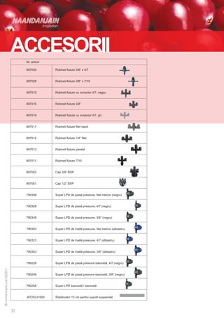 accesorii
 Nr. articol

 897030 	        Robinet fluture 3/8” x 4/7


 897028 	        Robinet fluture 3/8” x 7/10


 897010 	        Robinet fluture cu conector 4/7, negru


 897016 	        Robinet fluture 3/8”


 897019 	        Robinet fluture cu conector 4/7, gri


 897017 	        Robinet fluture filet rapid


 897012 	        Robinet fluture 1/4” filet


 897013 	        Robinet fluture paralel


 897011 	        Robinet fluture 7/10


 897002 	        Cap 3/8” BSP


 897001 	        Cap 1/2” BSP


 790308 	        Super LPD de joasă presiune, filet interior (negru)


 790328 	        Super LPD de joasă presiune, 4/7 (negru)


 790348 	        Super LPD de joasă presiune, 3/8” (negru)


 790303 	        Super LPD de înaltă presiune, filet interior (albastru)


 790323 	        Super LPD de înaltă presiune, 4/7 (albastru)


 790343 	        Super LPD de înaltă presiune, 3/8” (albastru)


 790228 	        Super LPD de joasă presiune baionetă, 4/7 (negru)


 790248 	        Super LPD de joasă presiune baionetă, 3/8” (negru)


 790258 	        Super LPD baionetă / baionetă


 J67202J1000 	   Stabilizator 13 cm pentru suport suspendat
 