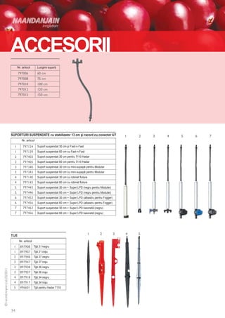 accesorii
    Nr. articol         Lungimi suporţi




SUPORTURI SUSPENDATE cu stabilizator 13 cm şi racord cu conector 4/7
         Nr. articol

                        Suport suspendat 30 cm şi Fast-n-Fast
                        Suport suspendat 60 cm cu Fast-n-Fast
                        Suport suspendat 30 cm pentru 7110 Hadar
                        Suport suspendat 60 cm pentru 7110 Hadar
                        Suport suspendat 30 cm cu mini-supapă pentru Modular
                        Suport suspendat 60 cm cu mini-supapă pentru Modular
                        Suport suspendat 30 cm cu robinet fluture
                        Suport suspendat 60 cm cu robinet fluture
                        Suport suspendat 30 cm + Super LPD (negru pentru Modular)
                        Suport suspendat 60 cm + Super LPD (negru pentru Modular)
                        Suport suspendat 30 cm + Super LPD (albastru pentru Fogger)
                        Suport suspendat 60 cm + Super LPD (albastru pentru Fogger)
                        Suport suspendat 30 cm + Super LPD baionetă (negru)
                        Suport suspendat 60 cm + Super LPD baionetă (negru)




tije
       Nr. articol
                     Tijă 31 negru
                     Tijă 31 roşu
                     Tijă 37 negru
                     Tijă 37 roşu
                     Tijă 36 negru
                     Tijă 36 roşu
                     Tijă 34 negru
                     Tijă 34 roşu
                     Tijă pentru Hadar 7110
 