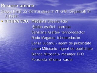 Resurse umane:
        umane:
Grupul ţintă: 22 elevi ai clasei a VII-a B , organizaţi în
        intă:                      VII-      organizaţ
  3 grupe:
    grupe:
• ECHIPA ECO: Mădălina Liteanu-lider
            ECO:              Liteanu-
                    Ştefan Asaftei- secretar
                            Asaftei-
                   Sânziana Asaftei- tehnoredactor
                              Asaftei-
                   Radu Maganu- tehnoredactor
                          Maganu-
                   Larisa Lucanu - agent de publicitate
                   Laura Mitocariu- agent de publicitate
                           Mitocariu-
                   Bianca Mitocariu- mesager ECO
                            Mitocariu-
                   Petronela Bîrsanu- casier
                                 rsanu-
 