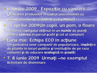 • 6 aprilie 2009 Expoziţie cu vânzare
                 Expoziţ
  (Vânzarea produselor în cadrul unei întâlniri cu
  părinţii elevilor de la SAM N. Labiş Mălini)
  părinţ
• 15 aprilie 2009Un copil, un pom, o floare
                 2009Un copil,          pom,
(Investirea câştigului obţinut în un număr de puieţi
            câş        obţ                      puieţ
  pentru sădirea în parcul şcolii şi cel al comunei)
                                            comunei)
• Luna mai: Echipa ECO în acţiune
       mai:               acţ
  (Organizarea unor campanii de popularizare, împărţire
                                     popularizare, mpărţ
  de pliante în locuri publice şi instituţiile de pe raza
                                  instituţ
  comunei şi de educare ecologică în şcoală)
                                          coală)
• 7. 8 iunie 2009 Urmaţi –ne exemplul
                  Urmaţ
  Activitate de disiminare
 