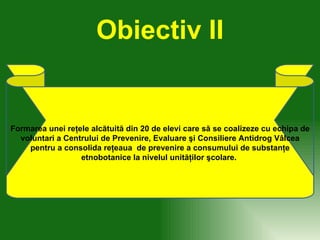 Obiectiv II Formarea unei reţele alcătuită din 20 de elevi care să se coalizeze cu echipa de voluntari a Centrului de Prevenire, Evaluare şi Consiliere Antidrog Vâlcea   pentru a consolida reţeaua  de prevenire a consumului de substanţe etnobotanice la nivelul unităţilor şcolare.  