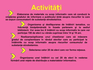 Activități   Elaborarea de materiale cu scop informativ care să conducă la creşterea gradului de informare a publicului ţintă asupra riscurilor la care se expun consumatorii de substanţe etnobotanice. Organizarea şi desfăşurarea de întâlniri tematice, cu frecvenţă bisăptămânală în liceele partenere şi la sediul bibliotecii. Vor avea loc 8 întâlniri cu scop informativ la care vor participa 150 de elevi cu vârste cuprinse între 14 şi 18 ani. Realizarea/aplicarea unui chestionar care să măsoare gradul de conştientizare în rândul elevilor care au participat la întâlnirile cu scop informativ asupra riscurilor consumului de substanţe etnobotanice. Selectarea celor 20 de elevi care vor forma reţeaua. Organizarea unei întâlniri cu cei 20 de elevi în vederea formării unei reţele de distribuţie a materialelor informative. 