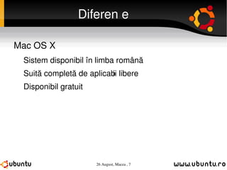 Diferențe Mac OS X Sistem disponibil în limba română Suită completă de aplicații libere Disponibil gratuit 
